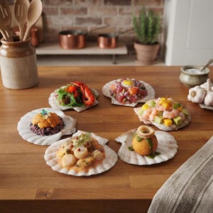 May include: Six individual scallop shells arranged on a wooden surface, each containing a distinct culinary preparation including seafood like shrimp, tuna, scallops, and uni, garnished with fresh herbs, greens, and colorful vegetable components.