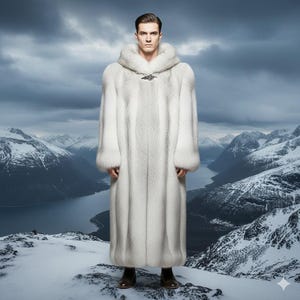 Puede incluir: Un abrigo largo de piel blanca con capucha y cierre decorativo. El abrigo se lleva con botas marrones oscuras. El fondo presenta una cordillera nevada y un cielo nublado.