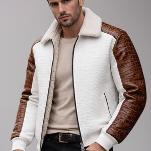 Men’s Crocodile Leather Jacket | Artisan White & Brown Shearling Bomber | Luxury Exotic Embossed Designer Jacket