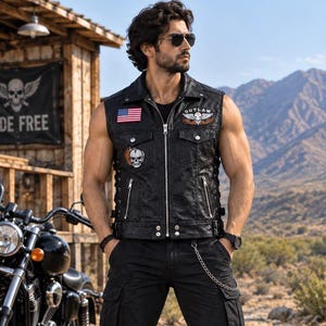 Men’s Black Leather Motorcycle Vest, Vintage Biker Vest, Outlaw Skull Patch Vest,Sleeveless Leather Vest