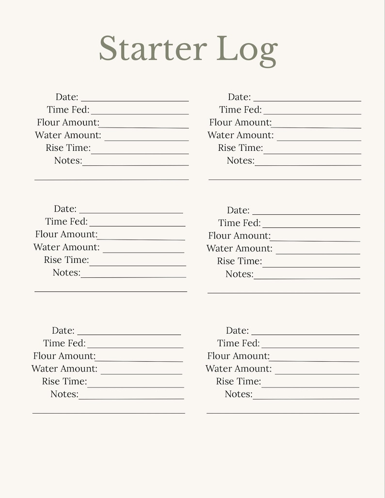 May include: A beige-colored "Starter Log" notebook with lined sections for recording baking details. The notebook includes spaces for date, time fed, flour amount, water amount, rise time, and notes.
