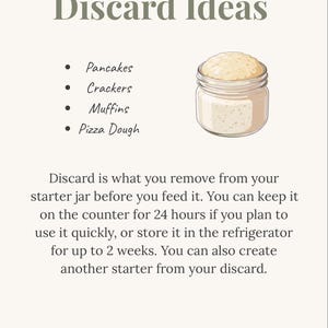 May include: A beige graphic with the title "Discard Ideas" and a list of uses for discard: pancakes, crackers, muffins, and pizza dough. A jar of discard is illustrated next to the list. Text explains how to use discard.
