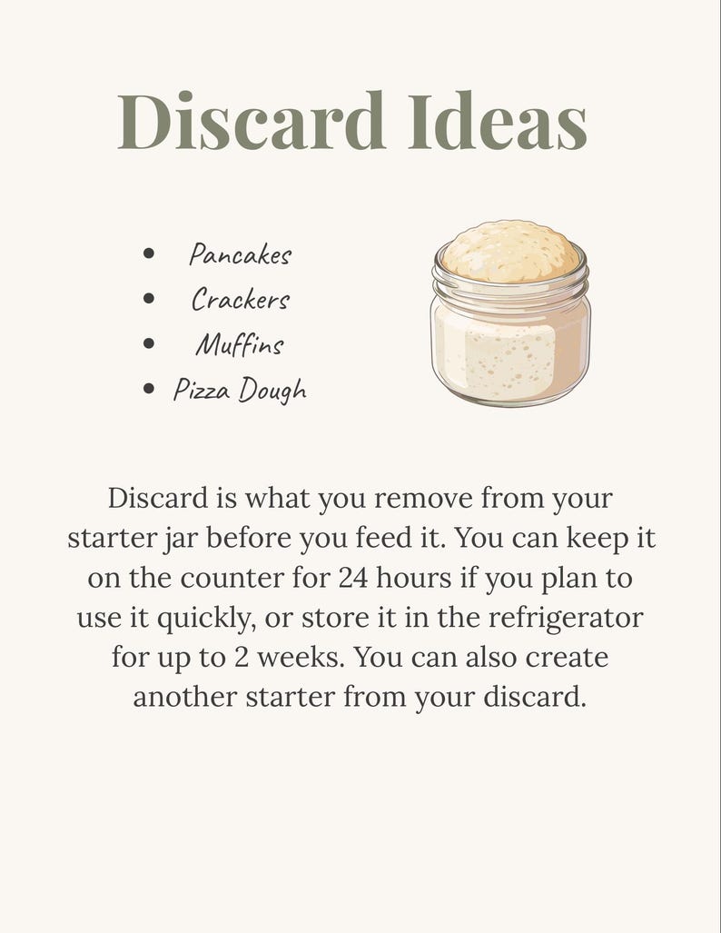 May include: A beige graphic with the title "Discard Ideas" and a list of uses for discard: pancakes, crackers, muffins, and pizza dough. A jar of discard is illustrated next to the list. Text explains how to use discard.