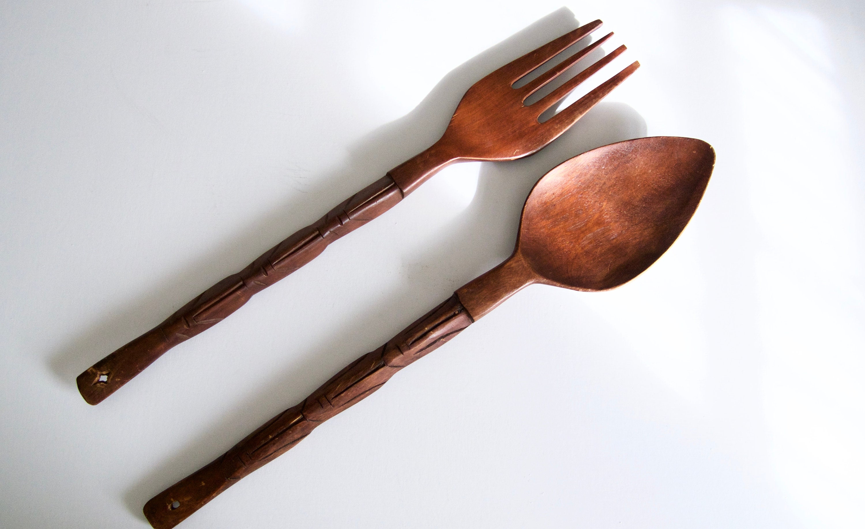 Giant Hand Carved Wooden Spoon And Fork Vintage Kitchen Decor