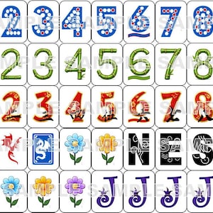May include: A set of square tiles with diverse designs. The tiles showcase numbers in blue, green, and red, alongside bamboo, flowers, dragons, and letters. The numbers are presented in different styles.