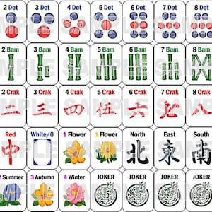 Pode incluir: Um conjunto de peças de Mahjong, cada uma com símbolos e números únicos. As peças apresentam pontos, bambu, caracteres e flores em várias cores. O conjunto inclui Jokers e uma peça da Sorte.