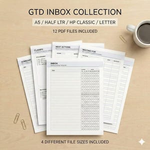 May include: A collection of white printable planner pages with the text "GTD INBOX COLLECTION" and "A5 / HALF LTR / HP CLASSIC / LETTER". The pages include sections for clarifying, next actions, and waiting for. A coffee cup and paper clips are also visible.