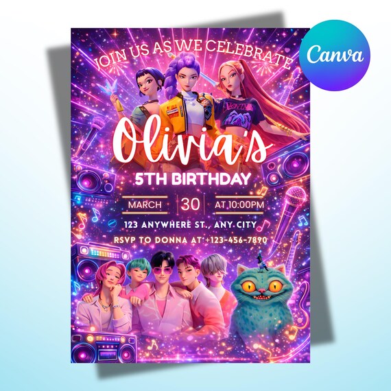 kpop Birthday Invitation | Kpop Demon Hunters Birthday Invitation | Editable Canva Template | Kpop Anime Invite | Printable Invite Card