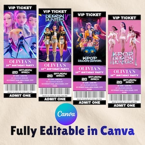 Peut inclure: Quatre modèles de billets VIP pour le 10e anniversaire d'Olivia, chacun avec un graphisme unique. Les billets présentent des images de personnages animés et le texte "10e anniversaire d'Olivia" avec les détails de l'événement. Les billets sont entièrement modifiables dans Canva.