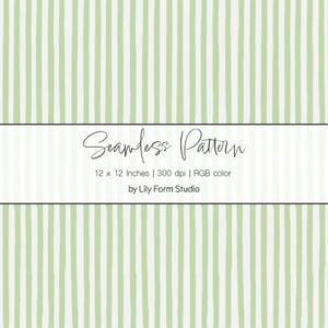 May include: Seamless pattern design featuring vertical stripes in a soft green color on a white background. The design is 12 x 12 inches and is by Lily Form Studio.