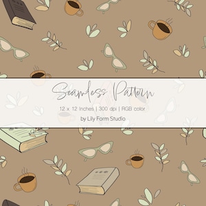 May include: Seamless pattern design featuring coffee cups, books, eyeglasses, and botanical elements in a repeating pattern. The design is in shades of brown, green, and beige. The text "Seamless Pattern" is displayed, along with the dimensions 12 x 12 inches.