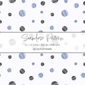 Op de afbeelding: Naadloos patroonontwerp met verspreide cirkels in blauw, zwart en grijs op een witte achtergrond. De cirkels hebben een getextureerde, handgetekende uitstraling. De tekst luidt "Seamless Pattern" en "12 x 12 Inches | 300 dpi | RGB color".