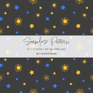 Può includere: Design a motivo continuo con soli e stelle gialle e stelle blu su sfondo grigio scuro. Il testo "Seamless Pattern" è visualizzato, insieme alle dimensioni 30.48 x 30.48 cm, 300 dpi e colore RGB. Progettato da Lily Form Studio.