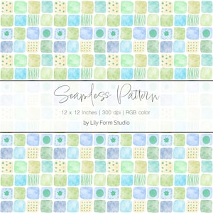 May include: A seamless pattern design featuring a repeating grid of watercolor squares in shades of blue, green, and yellow. Each square contains a unique design element, such as dots, lines, or stars. The text "Seamless Pattern" is displayed, along with the dimensions and studio name.