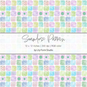 Könnte beinhalten: Ein nahtloses Musterdesign mit einem sich wiederholenden Raster aus Aquarellquadraten in Pastellfarben. Jedes Quadrat enthält einzigartige Muster wie Punkte, Streifen und florale Motive. Der Text "Seamless Pattern" wird zusammen mit den Abmessungen und Studioinformationen angezeigt.