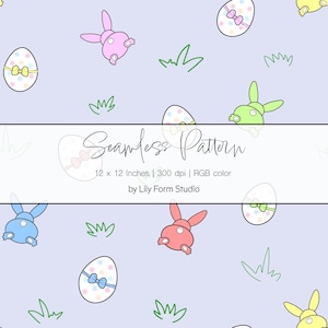 Coniglietto pasquale senza cuciture, motivo pastello, coniglietti dai colori tenui e uova con fiocco, carta digitale primaverile