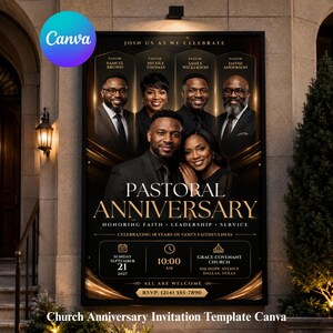 Pastoral Anniversary Invitation Template, Black Gold Church Program Flyer, Editable Canva Template, Pastor Appreciation Printable Downloads