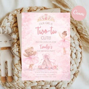Two-tu Cute 2nd Birthday Invitation Template, Ballet Birthday Theme, Editable Invite, Girl 2nd Party Invite, Two-tu Cute, Tu-Tu Invitation
