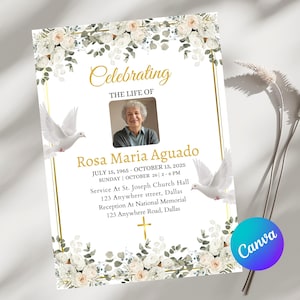Celebration of Life Template Canva | Editable Funeral Program | Memorial Service | Christian Catholic Funeral Invite | Floral Obituary Flyer