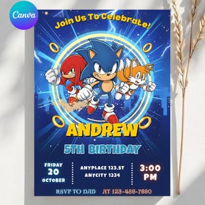 Puede incluir: Una invitación de cumpleaños azul con Sonic el Erizo y sus amigos. La invitación incluye el nombre "Andrew", las palabras "5th Birthday" y detalles del evento. El diseño tiene un fondo azul con rayos y anillos dorados.