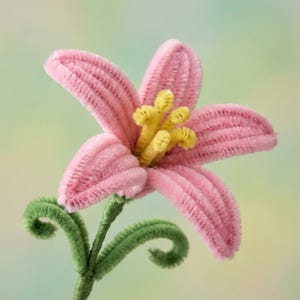 Pode incluir: Uma flor rosa artesanal feita de limpadores de cachimbo fofos. A flor tem seis p&eacute;talas e estames amarelos. O caule e as folhas s&atilde;o verdes, com detalhes de folhas enroladas. O fundo &eacute; um gradiente suave de verde e amarelo.