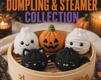 Halloween Crochet Pattern Bundle, 5 No-Sew Amigurumi Characters + Mini Steamer Basket PDF