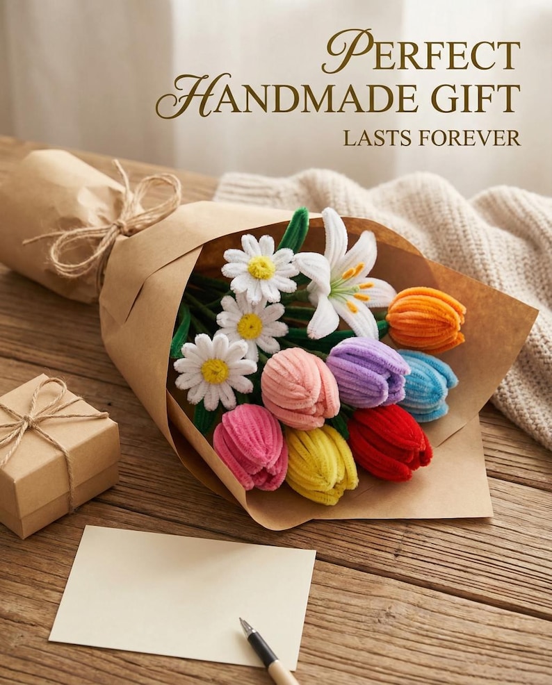 May include: A handmade bouquet of colorful fabric flowers, including daisies, lilies, and tulips, wrapped in brown paper. A small gift box and a blank card with a pen are also present. The text reads "Perfect Handmade Gift Lasts Forever."