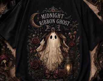 Midnight Ribbon Ghost, Gothic Halloween Art, Vintage Ghost Design, Spooky Season, WEBP Digital Files