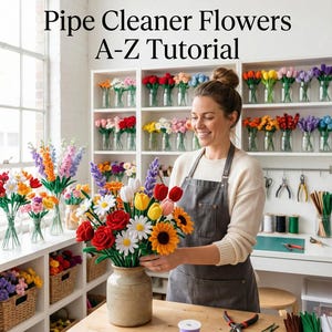May include: A woman holding a bouquet of colorful pipe cleaner flowers in a ceramic vase. The flowers include red roses, white daisies, yellow tulips, and orange sunflowers. The image is a tutorial titled "Pipe Cleaner Flowers A-Z Tutorial".