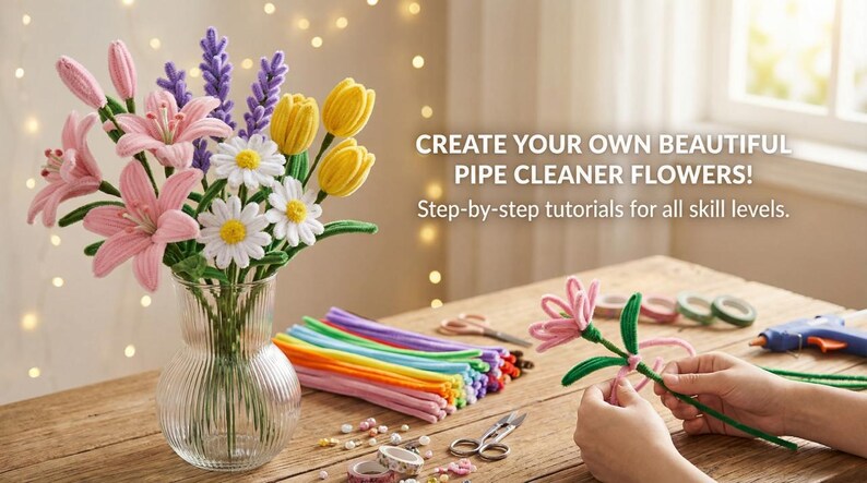 Pode incluir: Um buqu&ecirc; de flores de limpador de cachimbo feitas &agrave; m&atilde;o em um vaso de vidro transparente. O arranjo inclui l&iacute;rios cor-de-rosa, lavanda roxa, tulipas amarelas e margaridas brancas. O texto: "CRIE SUAS PR&Oacute;PRIAS LINDAS FLORES DE LIMPADOR DE CACHIMBO!"