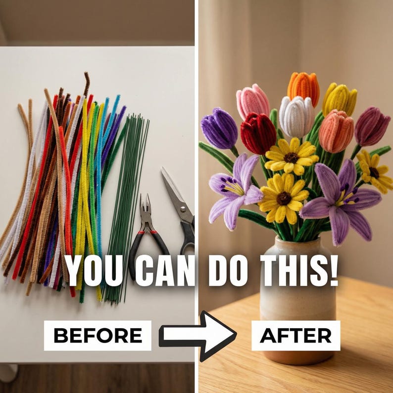 May include: A before-and-after image showcasing a DIY craft project. The left side displays colorful pipe cleaners, green wire, scissors, and pliers. The right side features a vase filled with handmade felt flowers in various colors, with the text "YOU CAN DO THIS!"