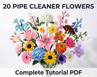 Tutorial de flores con limpiapipas en PDF / Manualidades para principiantes / Cómo hacer un ramo de flores esponjoso / Guía de descarga digital / Arte con tallos de chenilla