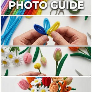 May include: A step-by-step photo guide for crafting with colorful pipe cleaners. The image shows the process of making flowers, from individual petals to a finished bouquet in a glass vase. Includes text: STEP-BY-STEP PHOTO GUIDE.