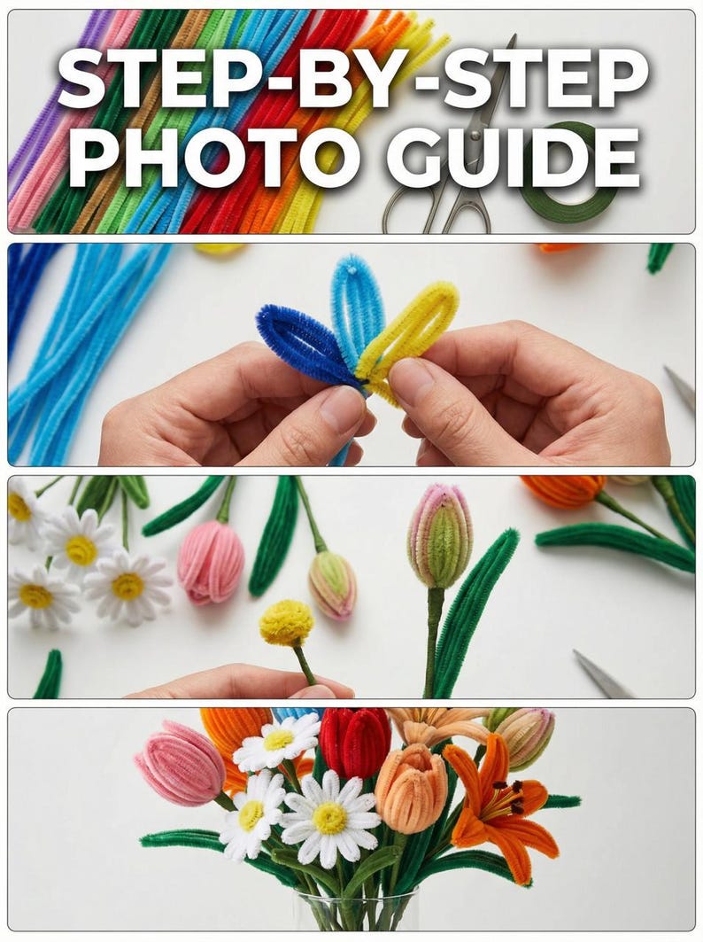 May include: A step-by-step photo guide for crafting with colorful pipe cleaners. The image shows the process of making flowers, from individual petals to a finished bouquet in a glass vase. Includes text: STEP-BY-STEP PHOTO GUIDE.