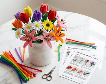 Tutorial de flores con limpiapipas en PDF, guía completa de la A a la Z para hacer flores hechas a mano, instrucciones paso a paso para principiantes, ramo eterno