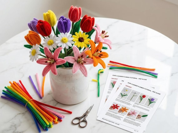 Pipe Cleaner Flower Tutorial PDF, Complete A-Z Craft Guide for DIY Handmade Flowers, Beginner Stepby-Step Instructions, Everlasting Bouquet