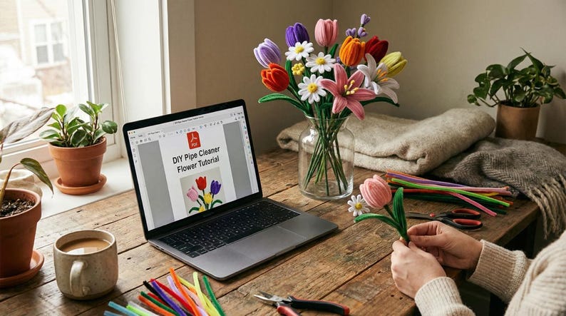 May include: A laptop displays a DIY pipe cleaner flower tutorial. A bouquet of colorful pipe cleaner flowers sits in a glass vase. A person is crafting a pink pipe cleaner tulip. Other craft supplies and plants are on the wooden table.