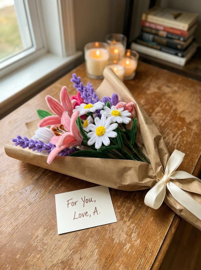 Pode incluir: Um buqu&ecirc; de flores artesanais embrulhado em papel pardo e amarrado com uma fita creme. O buqu&ecirc; inclui l&iacute;rios cor-de-rosa, margaridas brancas e lavanda roxa. Um pequeno cart&atilde;o diz "For You, Love, A."
