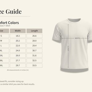 May include: A cream-colored t-shirt with a size guide. The guide shows measurements in inches for sizes S to 4XL. The shirt's width ranges from 18.2 to 29.7 inches, and the length from 26.6 to 33.5 inches. The text reads "Comfort Colors 1717 Unisex T-Shirt."
