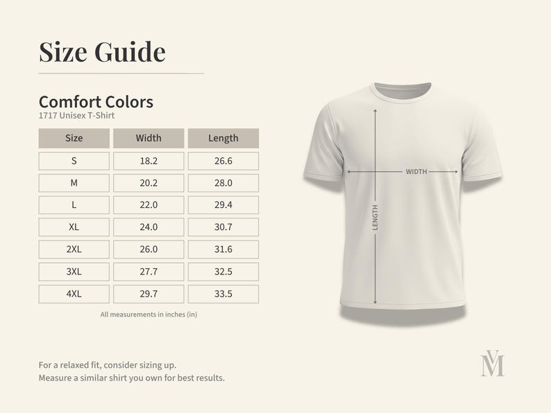 May include: A cream-colored t-shirt with a size guide. The guide shows measurements in inches for sizes S to 4XL. The shirt's width ranges from 18.2 to 29.7 inches, and the length from 26.6 to 33.5 inches. The text reads "Comfort Colors 1717 Unisex T-Shirt."