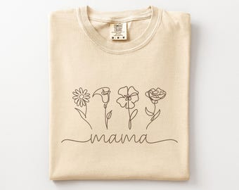 Comfort Colors Mama Shirt, Line Art Flower Shirt, Script Mama, Minimalistic Mama