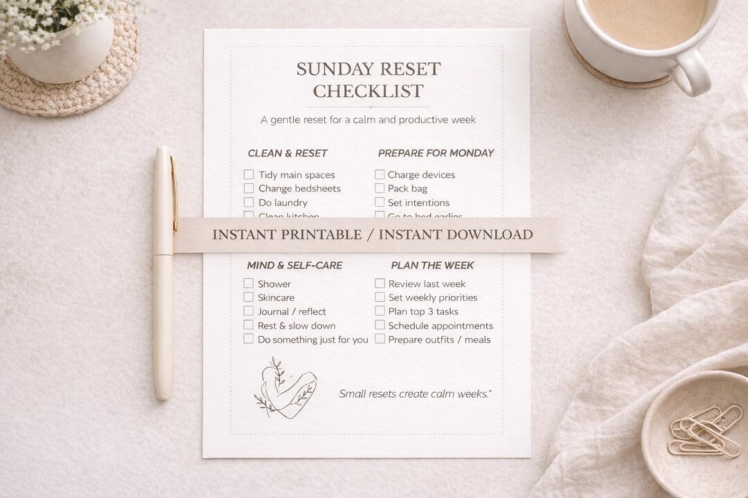 Sunday Reset Checklist.pdf Sunday Reset Checklist | Minimalist A4 Planner (instant Download) - Etsy