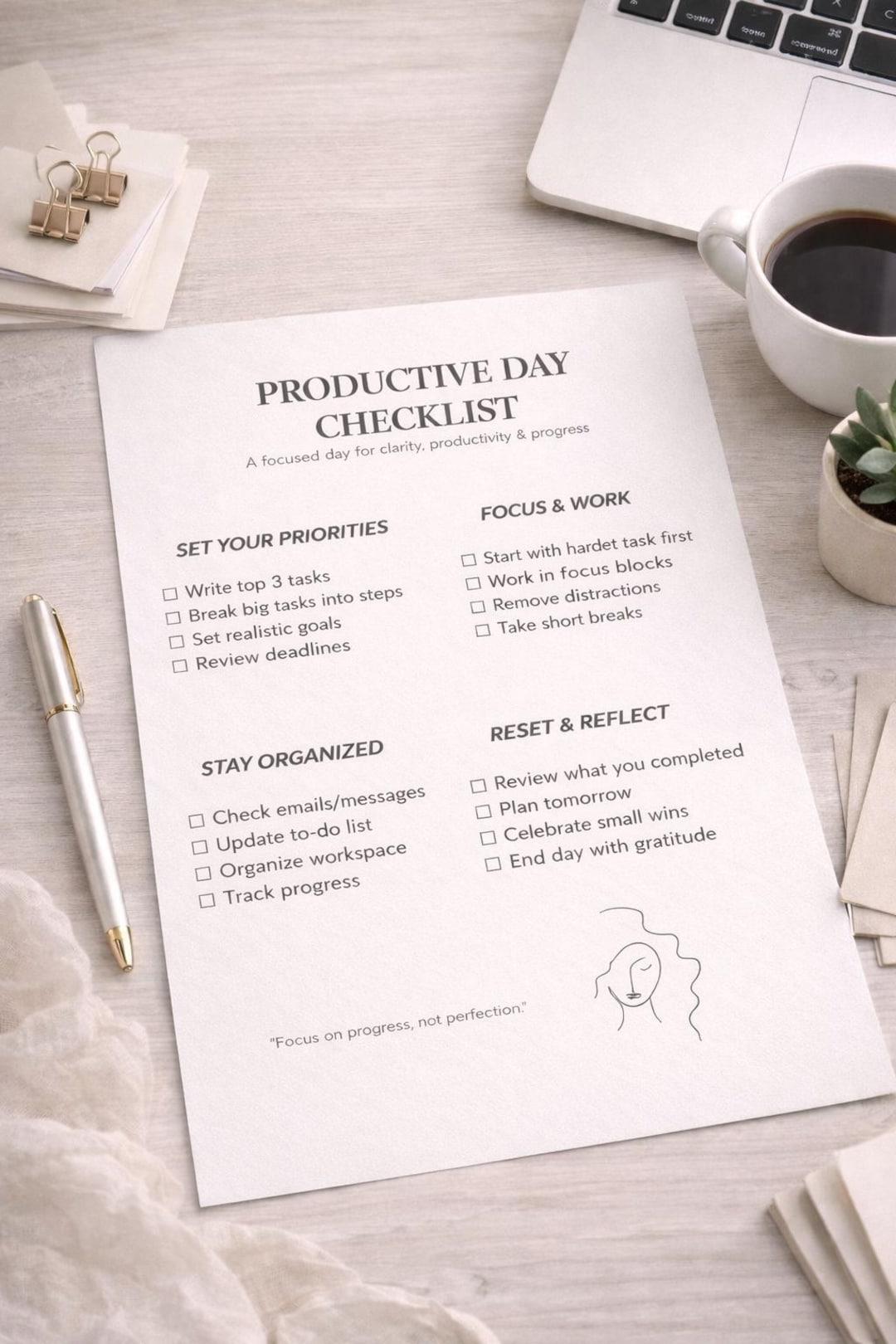 Productive Day Checklist Printable | A4 Minimal Productivity Planner ...