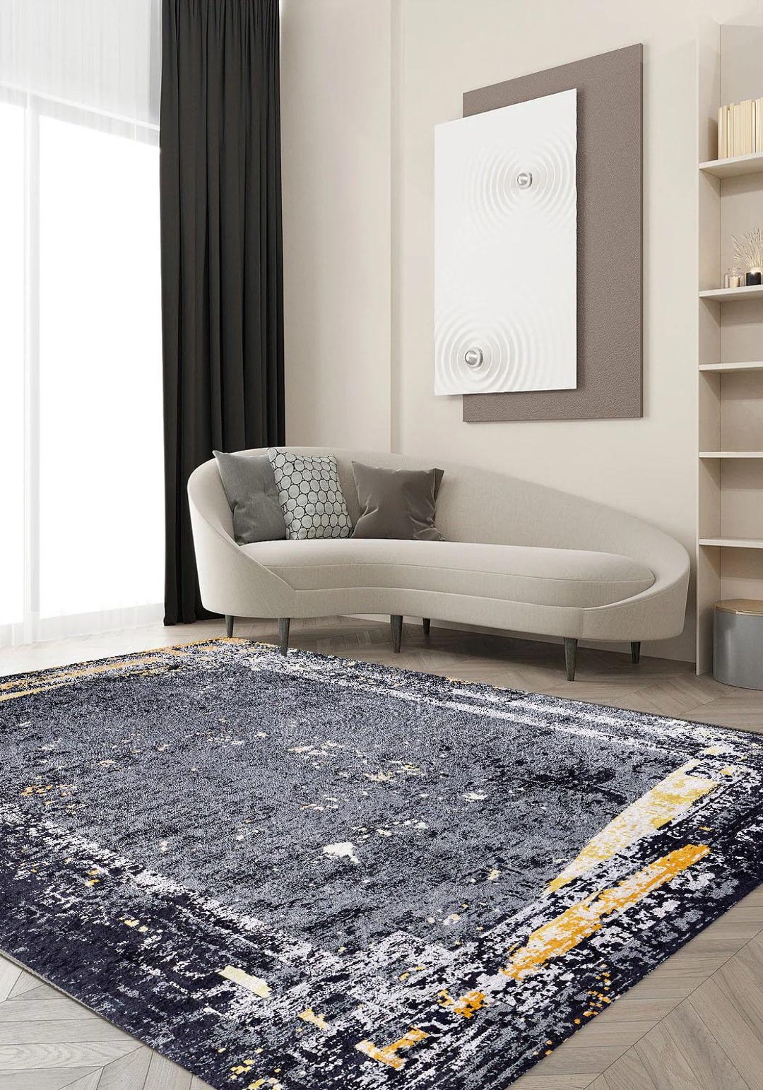 Modern Abstract Area Rug With Gold Accents – Contemporary Gray ...