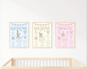 Personalised Baby Birth Print | Teddy Bear Initial, Nursery Wall Art (A3, A4, A5, 8x10)