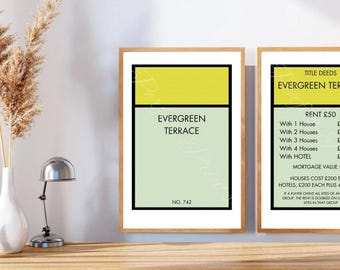 Monopoly Inspired Fictional Addresses Wall Art, Pop Culture Title Deed Print