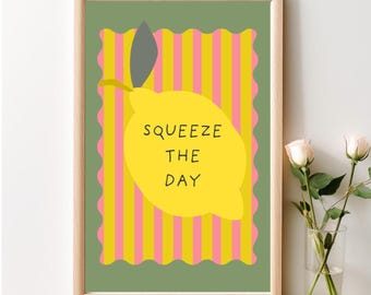 Squeeze The Day Print | Lemon Kitchen Wall Art | Retro Striped Poster
