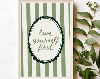 Love Yourself First Print | Green Stripes, Minimalist Bedroom Wall Art