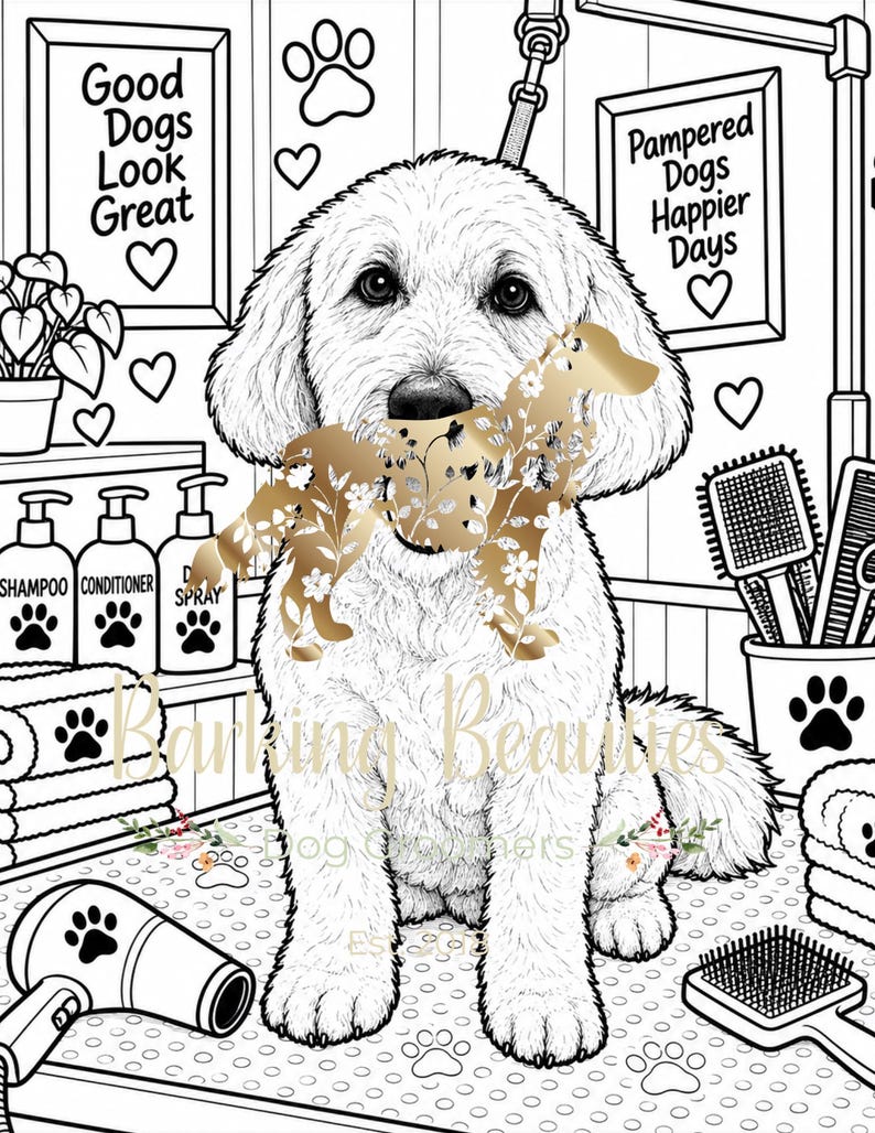 Peut inclure: Une illustration en noir et blanc d'un chien au pelage touffu dans un salon de toilettage, tenant dans sa gueule une silhouette dor&eacute;e &agrave; motifs floraux. On y voit des flacons de shampoing, des brosses, un s&egrave;che-cheveux et des panneaux.