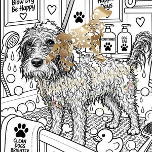 Peut inclure: Une illustration en noir et blanc repr&eacute;sentant un chien au pelage &eacute;bouriff&eacute; dans une baignoire remplie de bulles. On y voit un pommeau de douche, des flacons &eacute;tiquet&eacute;s Conditioner et Dog Spa, un canard en plastique, une brosse et des serviettes avec le texte : Bath Brush Blow Dry Be Happy, Pampered Dogs Happier Days, et Clean Dogs Brighter Days.